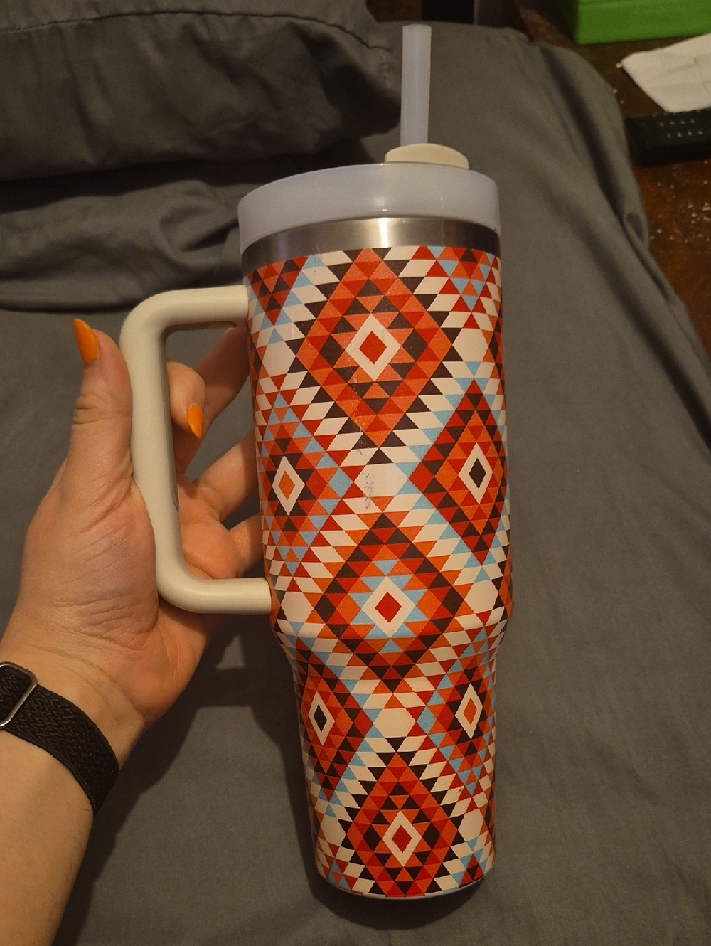 Insulated Geometric Red Travel Tumbler with Handle